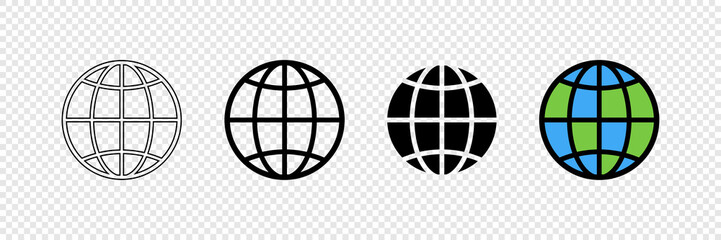 Earth globes in web design. Earth globe in modern simple flat design, isolated on transparent background. World maps in a row, web icons. Simple globe icons. Vector illustration