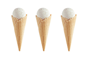 Set of three white creamy ice cream in crisp waffle cones isolated on white background, mock up for...