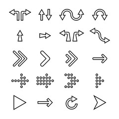 Arrows icons collection. Arrow icons, isolated on white background. Cursors in flat linear design. Cursor different shapes. Arrows. Vector illustration