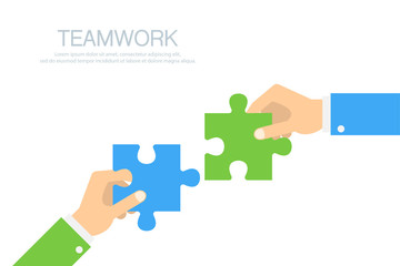Hands connecting puzzle elements. Two hands businessman with jigsaw puzzle. Teamwork. Business concept. Vector illustration
