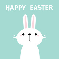 Happy Easter. White bunny rabbit. Cute cartoon kawaii funny baby character. Farm animal. Blue background. Spring greeting card. Isolated. Flat design