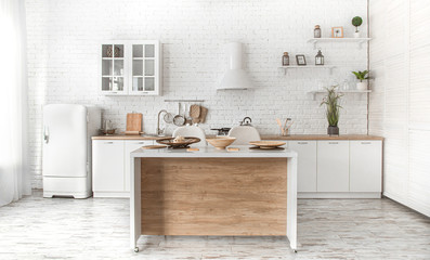 Modern stylish Scandinavian kitchen interior with kitchen accessories.