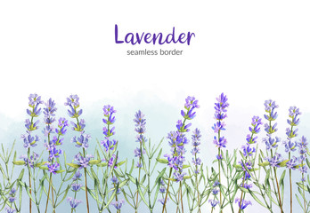 Seamless lavender border, watercolor painting, hand drawn