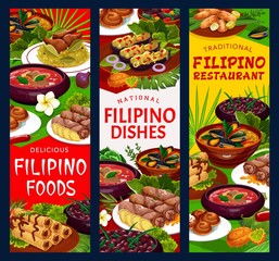 Filipino cuisine food, traditional dishes vector banners, restaurant menu with meat, seafood, vegetables and pastry dessert. Pochero soup, fried bananas in batter, mussels in coconut sauce