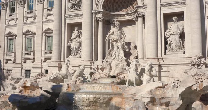 Rome (Italy) - 4k real time video famous Trevi Fountain Oceanus statue waterfall