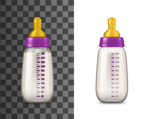 Baby milk bottle isolated mockup template. Vector realistic baby feeding plastic bottles with pacifier nipples and capacity volume measure lines, package mock up icons, nutrition for newborn kids