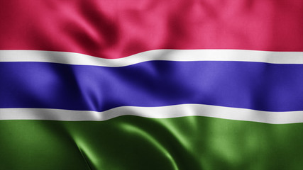 3d Rendered Realistic fabric Shiny Silky waving flag of Gambia 8K Illustration Flag Background Gambia National Flag