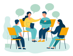 People suffering from problems, attending psychological support meeting. Patients sitting in circle, talking. Vector illustration for group therapy, counseling, psychology, help, conversation concept
