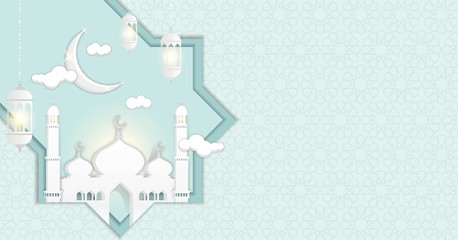 Ramadan Kareem Islamic greeting background design with a mosque and crescent in paper cut style.