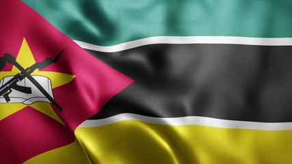 3d Rendered Realistic fabric Shiny Silky waving flag of Mozambique 8K Illustration Flag Background Mozambique National Flag