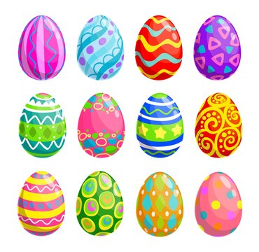Easter holiday egg vector icons. Spring religion holiday or egghunting decoration isolated objects with painted pattern and ornament of colorful stripes, circles and stars