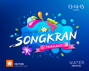 Songkran Travel Thailand festival gun water and water splash design on blue background, vector illustration