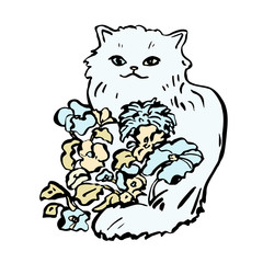 White fluffy cat with different eyes with flowers. Vector illustration in cartoon style. Isolated on a white background.