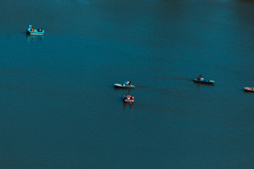 High angle view of the boats at Nakki Lake as seen from Toad Rock in Mount Abu, Rajasthan, India
