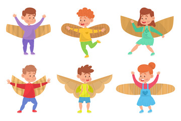 Set of cute kids. Funny boys and girls costume with cardboard and paper wings of an airplane. Characters in various poses and clothes. Colorful simple flat cartoon style. Isolated vector illustration.