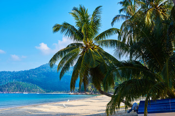 Beautiful view on the beach in a tropical resort. Landscape of paradise tropical island beach. Holidays destination.