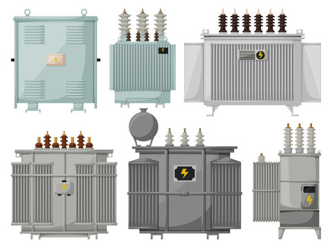 Transformer vector installation on white background . Isolated cartoon set icon energy substation. Vector cartoon set icon transformer.