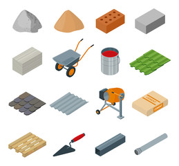 Construction material isometric set icon. Vector illustration building material on white background . Isolated cartoon set icon construction equipment .