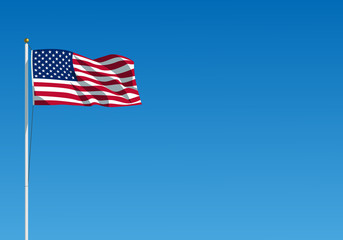 The USA flag waving on the wind. American flag hanging on the flagpole against the clear blue sky. Realistic vector illustration