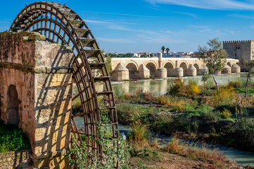 Fototapeta na wymiar The Roman bridge and the remains of the medieval mill on the banks of the river Guadaquivir in Cordoba, Andalusia, Spain.