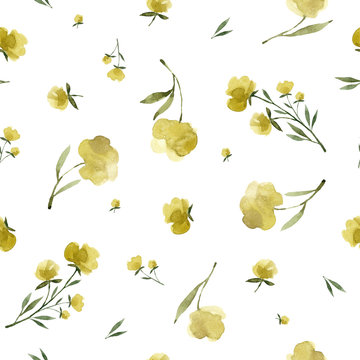 Yellow Flowers, Leaves And Plants, Botanical Watercolor Illustration, Seamless Pattern Background