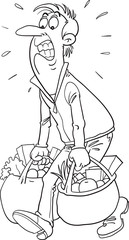 Tired man carrying big shopping bags full of food and other goods or grocerie