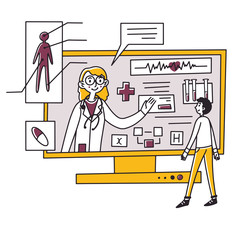 Man receiving medical consultation online vector illustration. Female doctor consulting and recommending treatment to patient through laptop application. Healthcare, online medical assistance