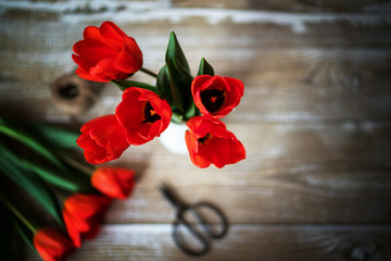 Fototapeta na wymiar Spring flowers. Tulips flowers on rustic wooden background. Copy space.