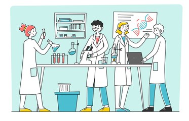 Lab scientist conducting research work flat vector illustration. Medical student doing tests and mixing chemicals at laboratory scene. Science, chemistry and medicine concept