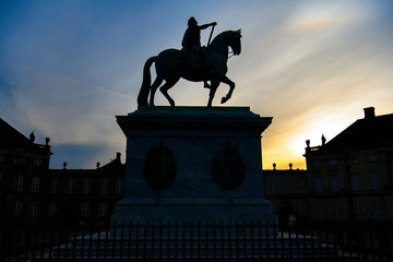 Equestrian statue of King Frederik V on Amalienborg Slotsplads Palace Square in Copenhagen, Denmark. February 2020