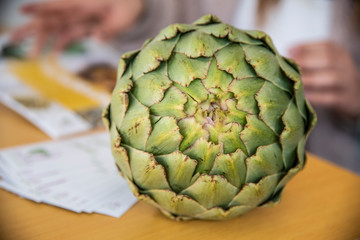 Fototapeta premium Freshly picked artichoke exposed for sale Healthy Mediterranean food that prevents the appearance, cholesterol of the Vega Baja of Alicante, Almoradí
