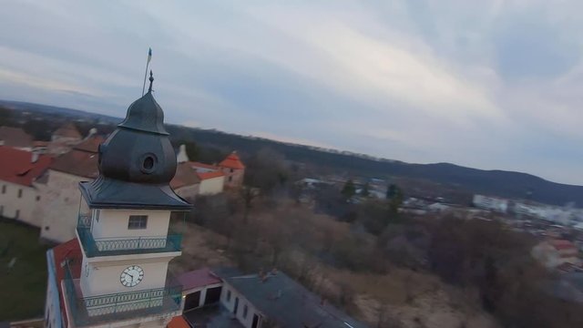 Aerial view of the historical center of Zhovkva, Lviv region, Ukraine. Perfect city. Shooting with FPV drone