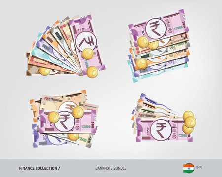 Indian Rupee banknotes set with gold coins. Isolated on background. Cash of different nominal value. Vector illustration on the topic of finance.