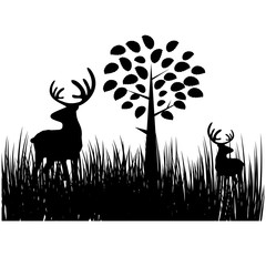 2 deer or antler in the grass field illustration and icon