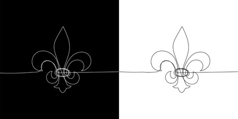 Traditional symbol of mardi gras - fleur de lis. Continuous line heraldic lily on black and white background. Vector illustration © Andrii