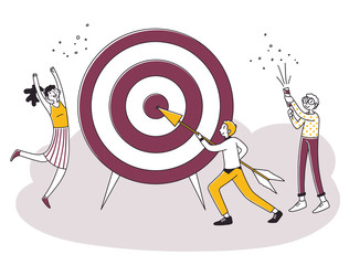 Business team achieving goal. People driving arrow to target, celebrating success. Vector illustration challenge, aim, achievement, focus, purpose, teamwork for concept