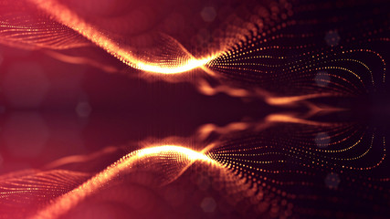 3d rendering background of microworld or sci-fi theme with glowing particles form curved lines, 3d surfaces, grid structures with depth of field, bokeh. Golden red wave symmetric forms