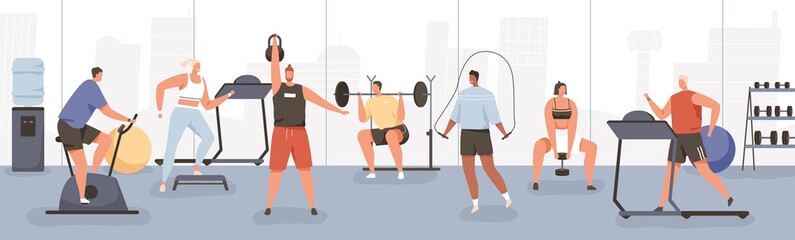 Fototapeta na wymiar Different cartoon people exercising at modern gym vector flat illustration. Athletic man and woman on training apparatus have various physical exercises enjoy sport activity