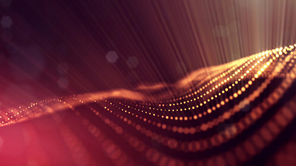 3d rendering background of microworld or sci-fi theme with glowing particles form curved lines, 3d surfaces, grid structures with depth of field, bokeh. Golden red wave forms