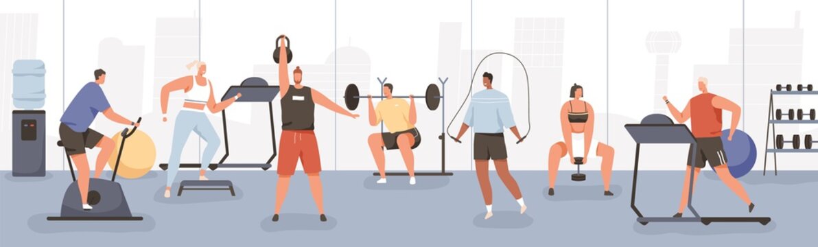 Different cartoon people exercising at modern gym vector flat illustration. Athletic man and woman on training apparatus have various physical exercises enjoy sport activity