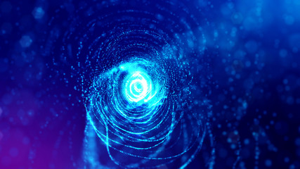 3d rendering background of microworld or sci-fi theme with glowing particles form curved lines, 3d surfaces, grid structures with depth of field, bokeh. Deep blue wave round forms