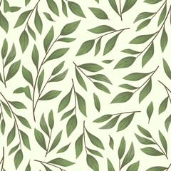 Vector seamless pattern with bay leaf twigs; natural design for fabric, wallpaper, packaging, textile, web  design.