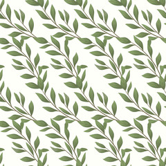 Vector seamless pattern with diagonal bay leaf twigs; natural design for fabric, wallpaper, packaging, textile, web  design.