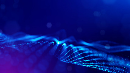 3d rendering background of microworld or sci-fi theme with glowing particles form curved lines, 3d surfaces, grid structures with depth of field, bokeh. Deep blue wave forms