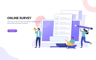 online polling & survey vector illustration concept, people filling online survey form on laptop, to do list paper note,  can use for, landing page, template, ui, web, homepage, poster, banner, flyer