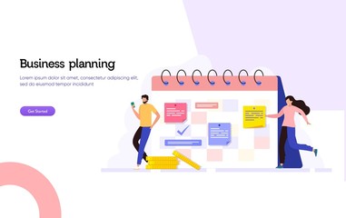 Business agenda appointment vector illustration concept, Happy man and woman making business schedule with calender can use for, landing page, template, ui, web, homepage, poster, banner, flyer