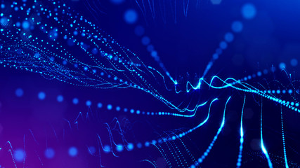3d rendering background of microworld or sci-fi theme with glowing particles form curved lines, 3d surfaces, grid structures with depth of field, bokeh. Deep blue wave forms