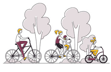 Family couple with two kids riding bikes outdoors. Parents and children cycling in summer park. Vector illustration for togetherness, active lifestyle, recreation concept