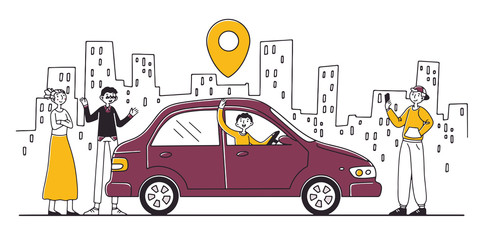 Car sharing service. People searching transport with map location pin, renting vehicle. Vector illustration for transfer, transportation, urban, technology concept