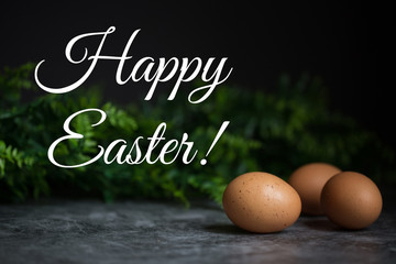 Brown eggs on the dark background with the green plants